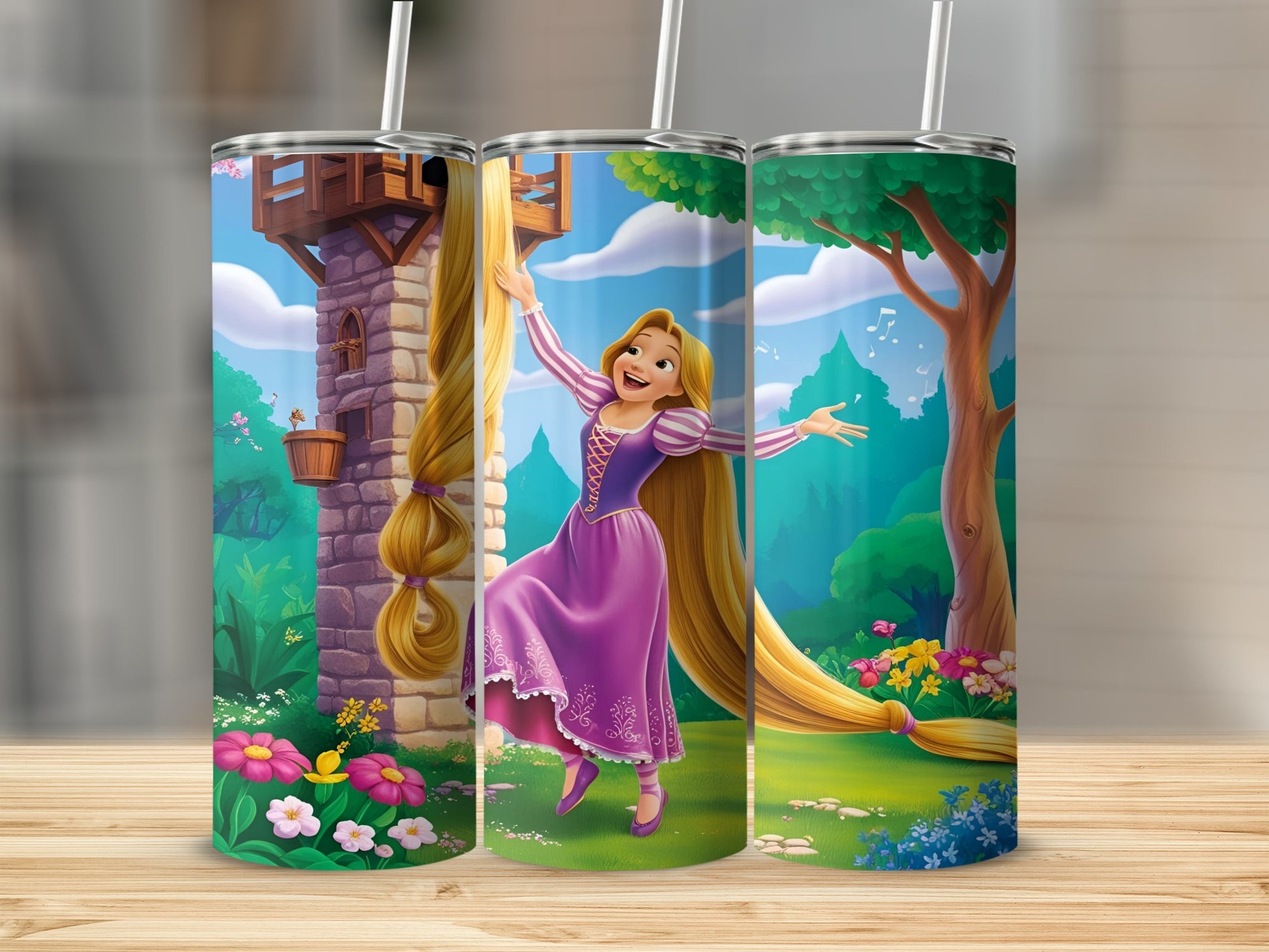 Rapunzel in a purple dress dances in a meadow by a tower with long hair.