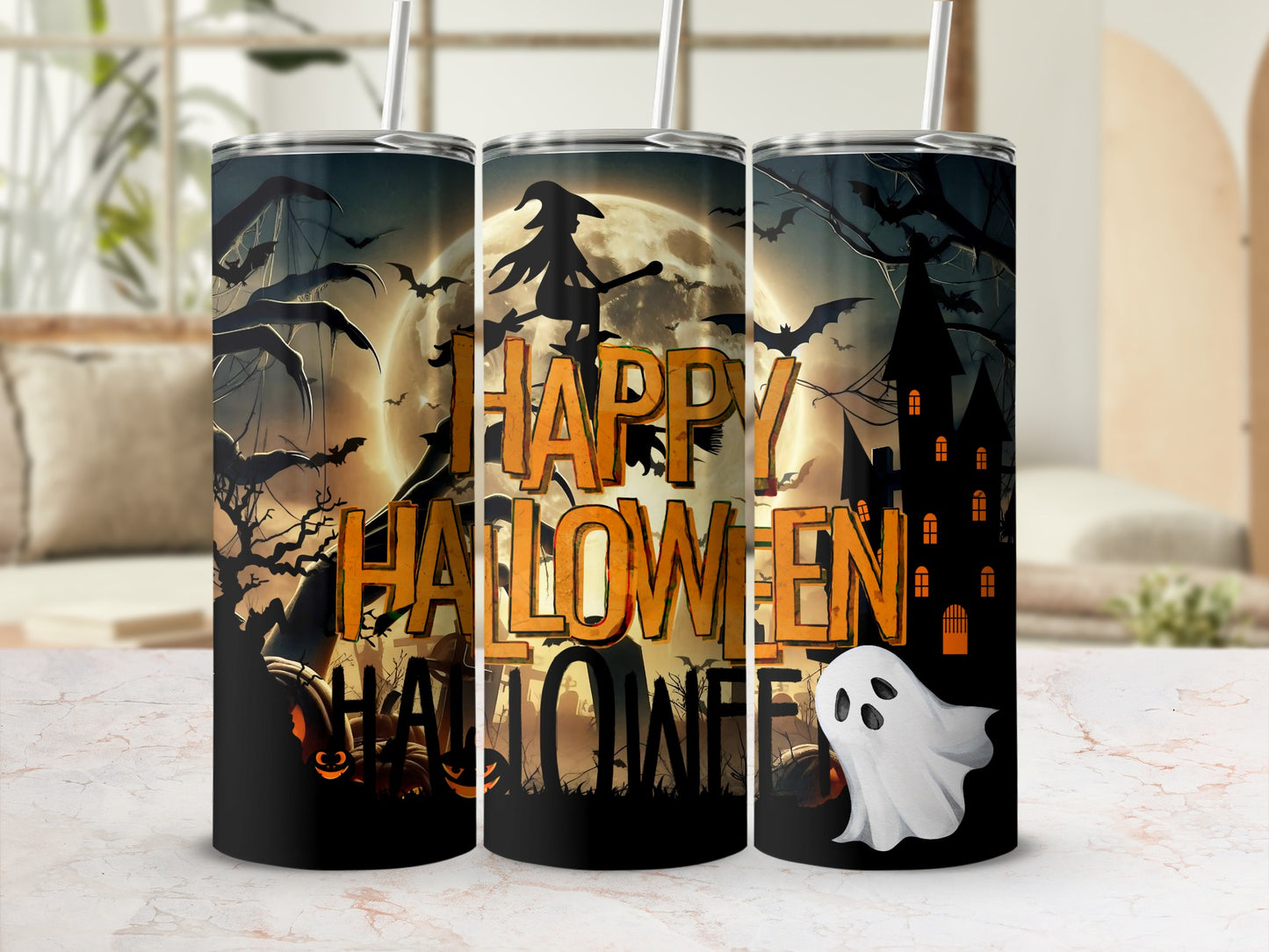 Three tumblers with "Happy Halloween" text and a spooky night scene with a witch.