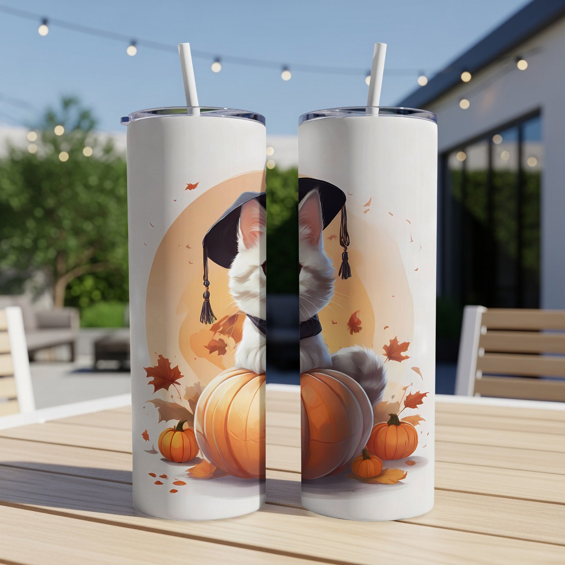 Two white cat wearing graduation cap with pumpkins and autumn leaves.