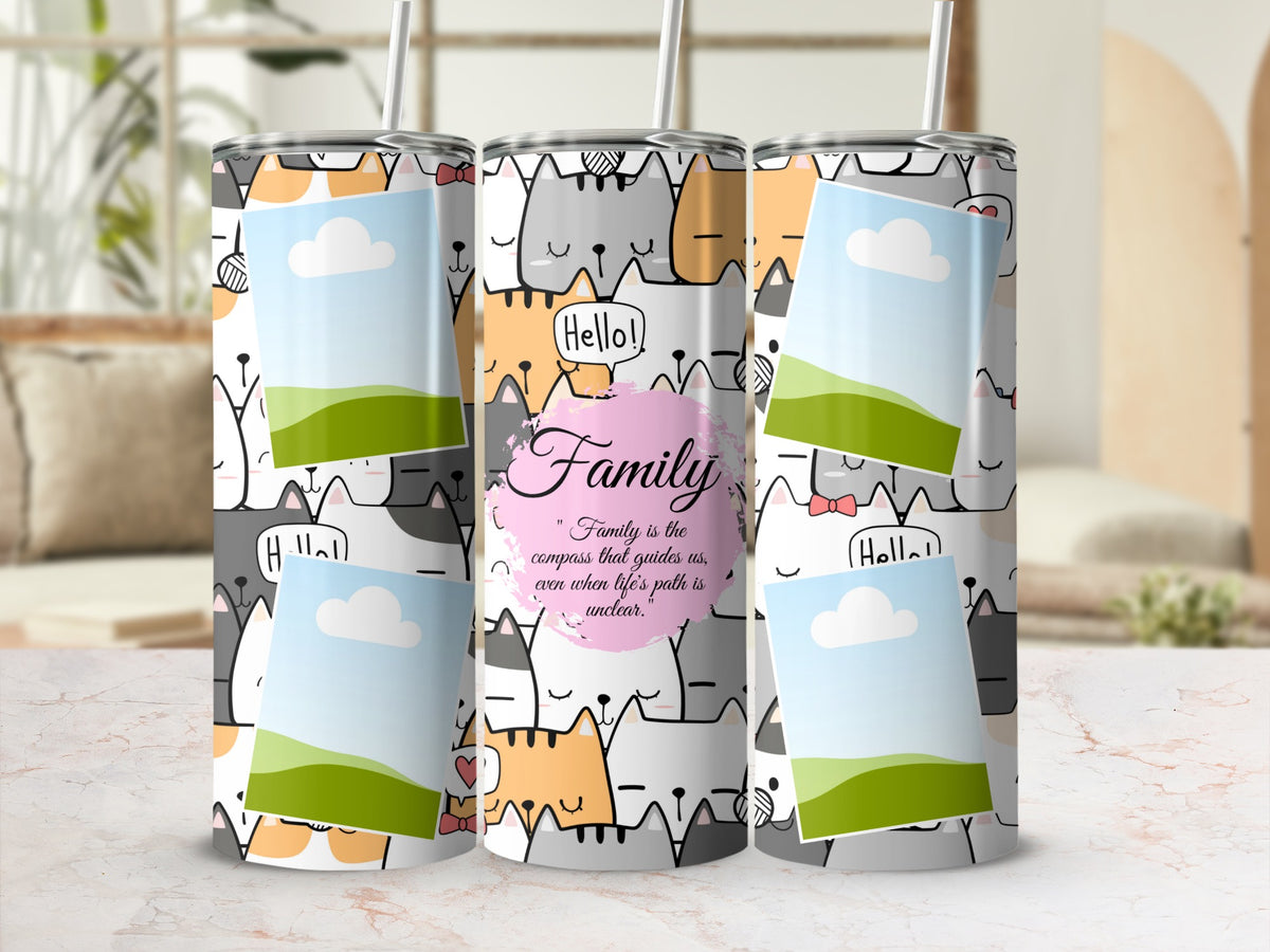 Tumbler with cat pattern, photo placeholders, and "Family" text.