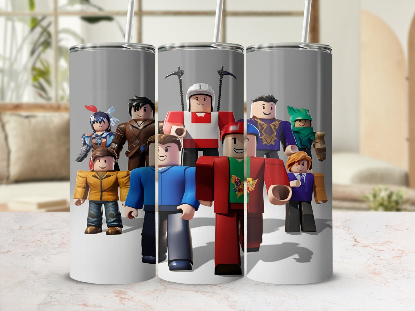 Roblox characters in colorful outfits standing in a line.