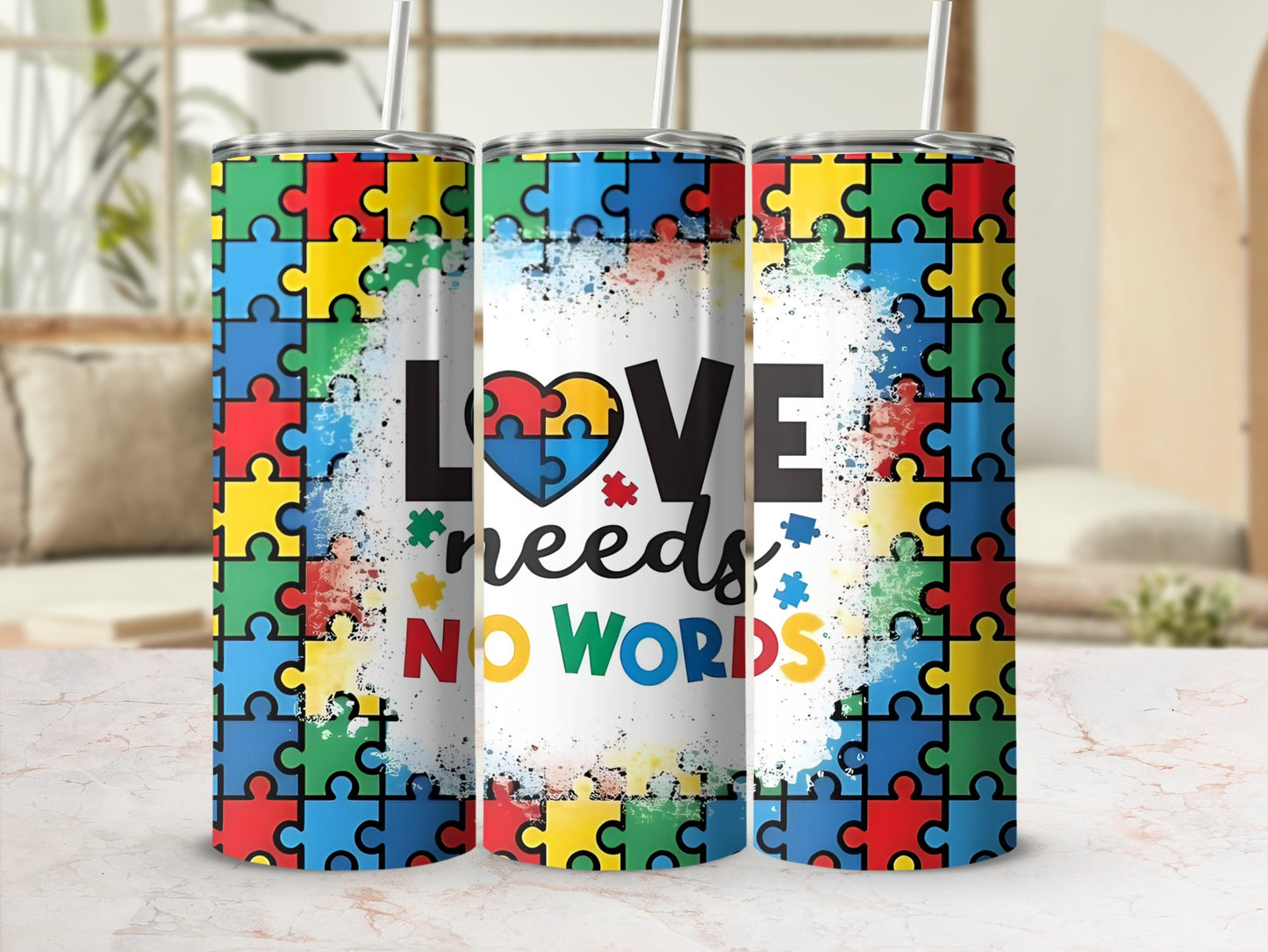 Autism awareness puzzle pieces design with text "Love Needs No Words."