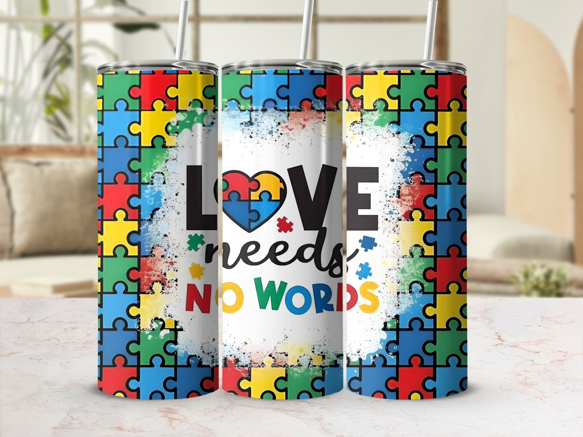 Autism awareness puzzle pieces design with text "Love Needs No Words."