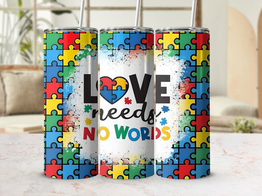 Autism awareness puzzle pieces design with text "Love Needs No Words."