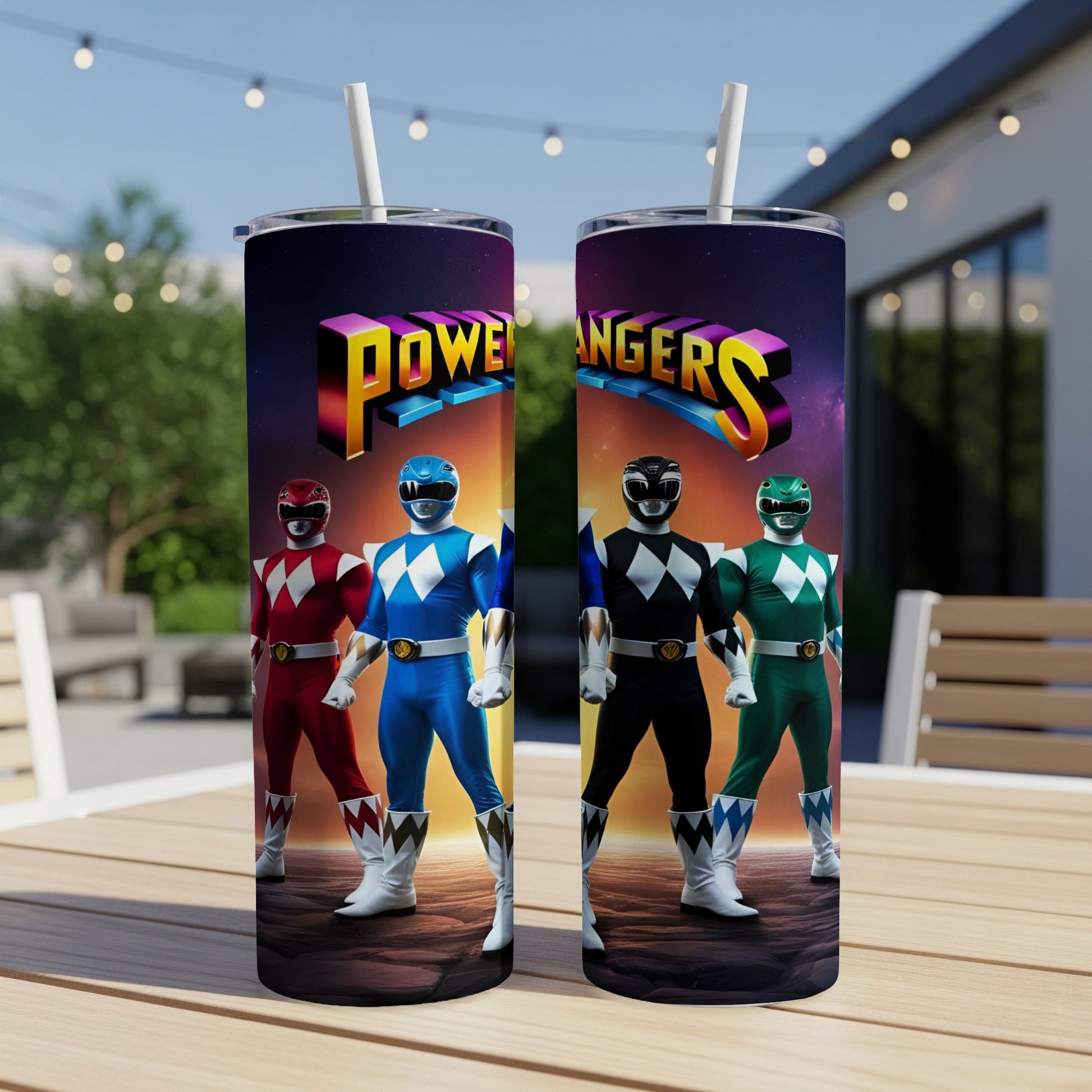 Power Rangers characters in colorful suits stand on a wooden table with straws.