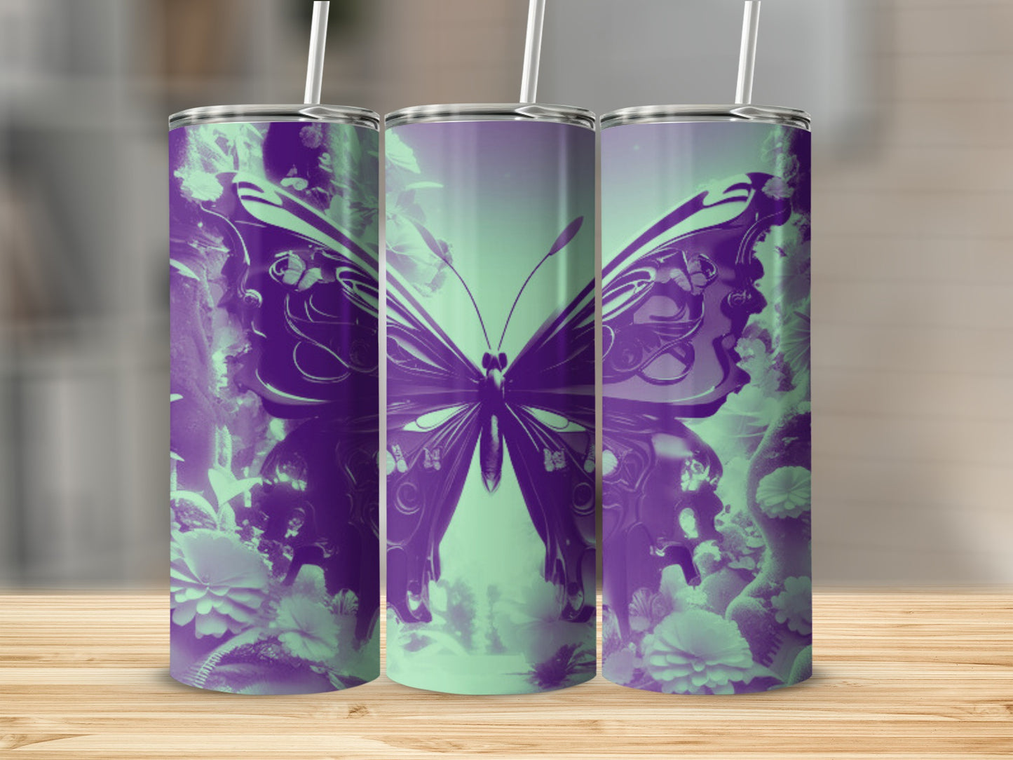 Tall tumbler with purple butterfly and floral design on mint green background.