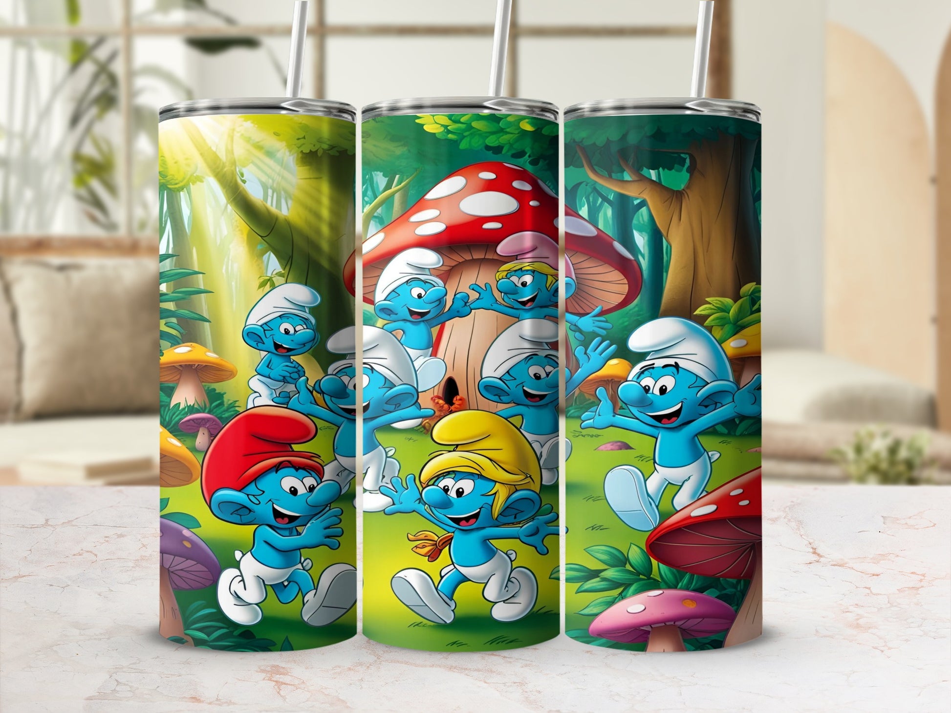 Three Smurf tumblers with mushroom and forest background.