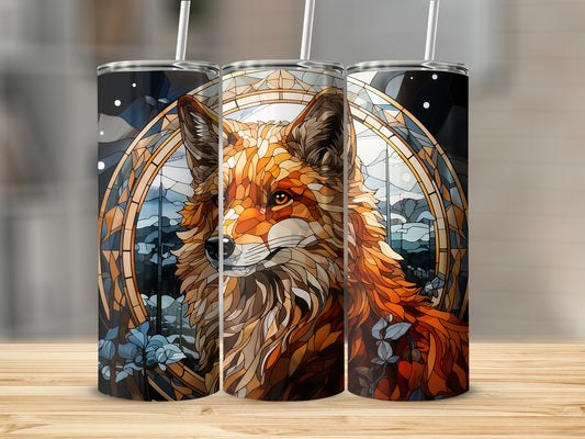 Three tumblers featuring a stained-glass style fox illustration against a mountain and floral background.