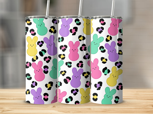 Three tumblers with a colorful Peeps bunny and leopard print pattern.