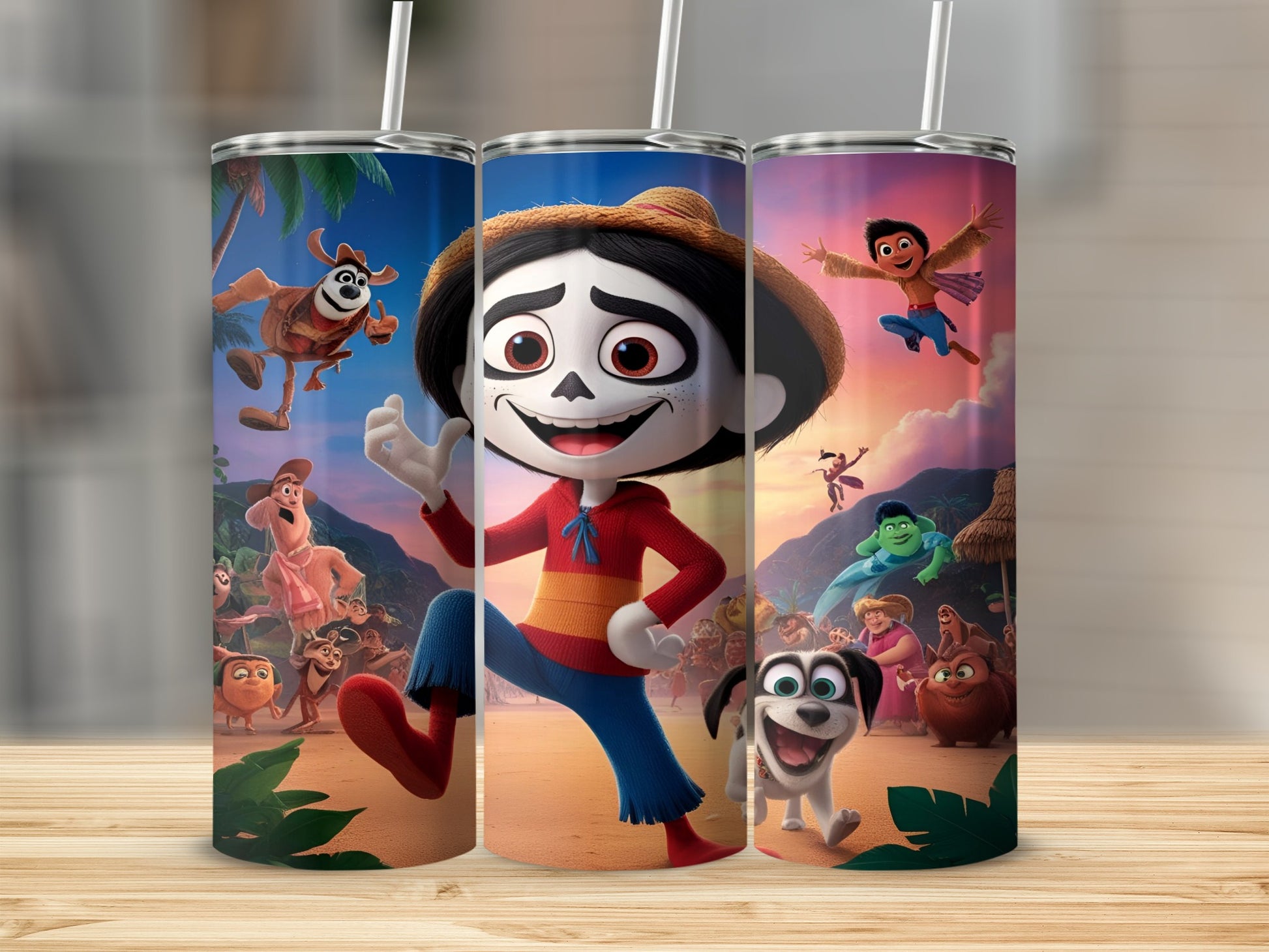 Animated characters and dog on three character-themed tumblers.