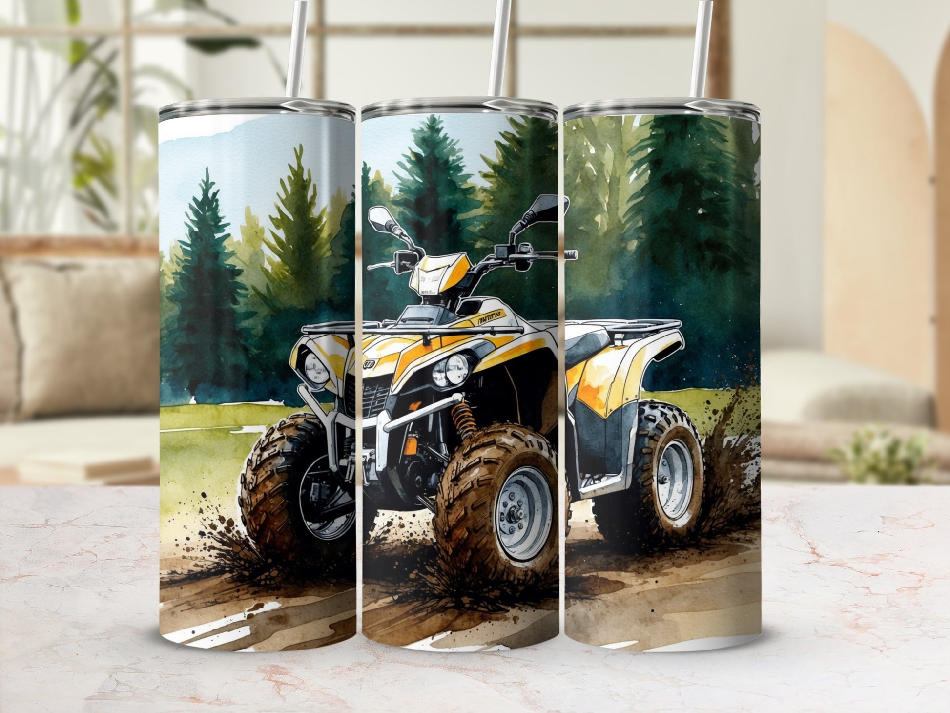 Yellow ATV on a dirt path with trees in the background.