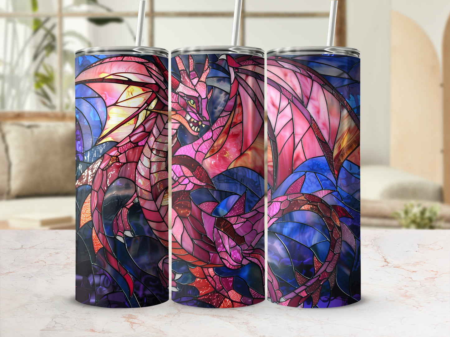 Dragon design on a three-part tumbler set with stained glass effect.