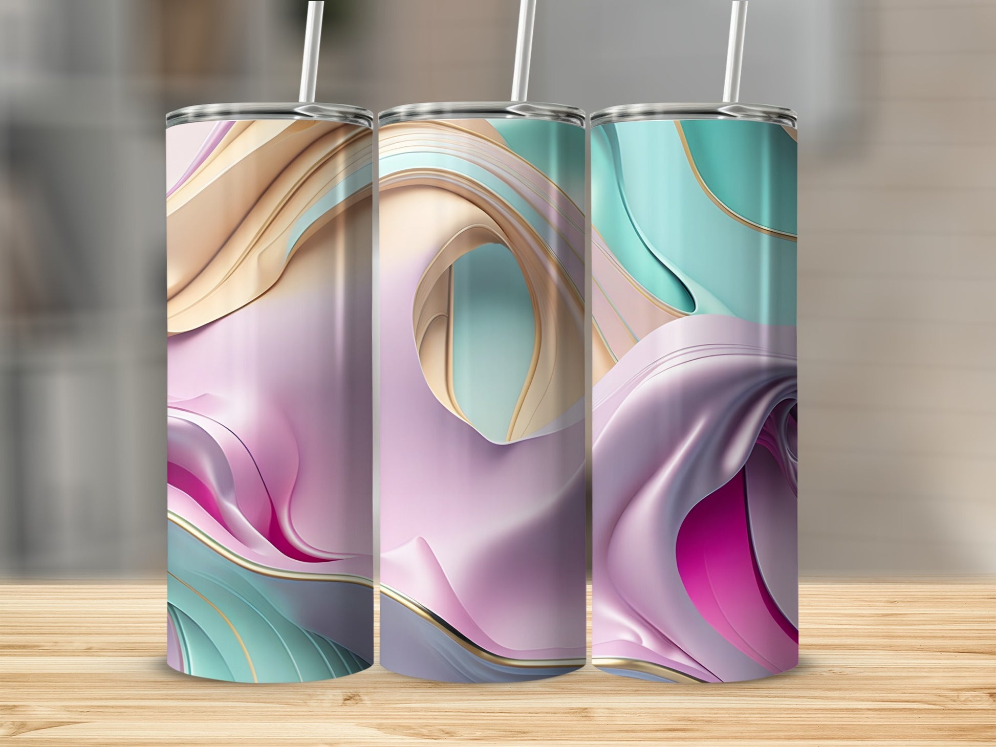 Three tall tumblers with abstract pastel pink, blue, and gold wavy designs.