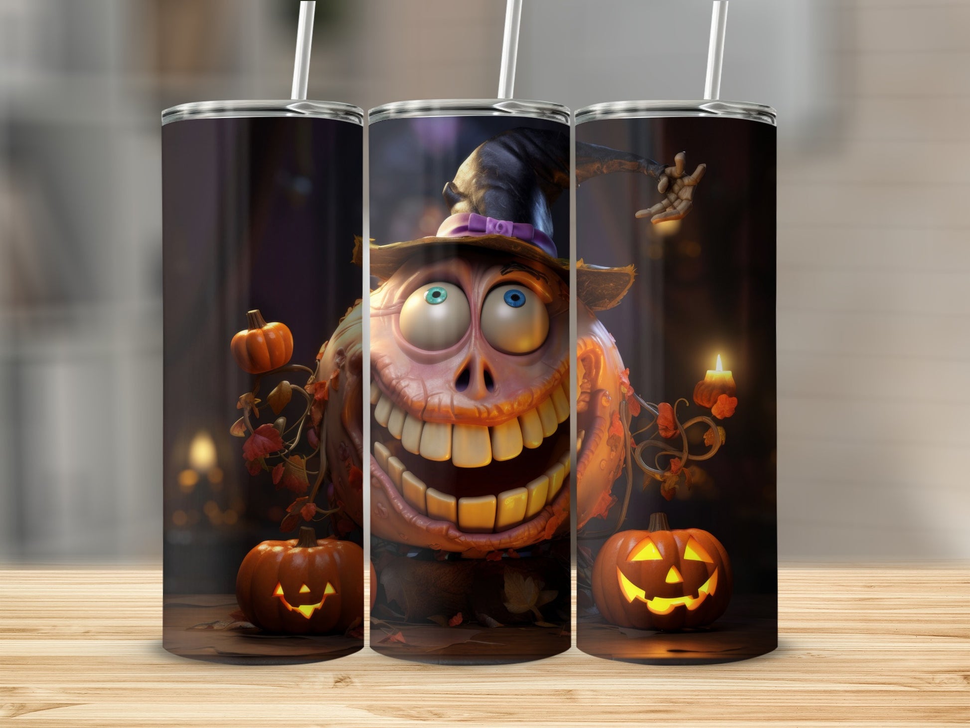 Halloween tumbler with cartoon monster, pumpkins, and candle design.