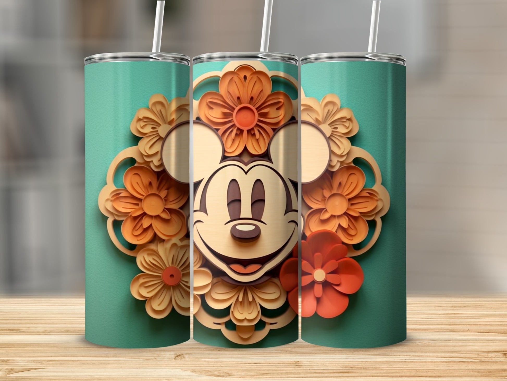 Disney Inspired Floral Patterned Tumbler with Straw