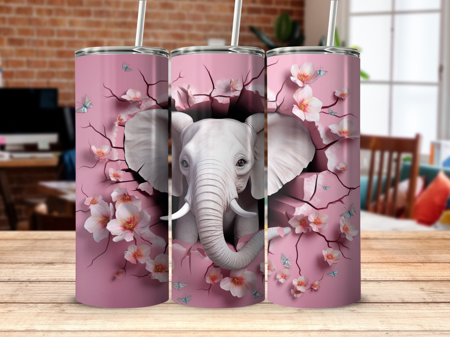 Pink Elephant Sakura Butterflies Cracked Wall Tumbler product type
