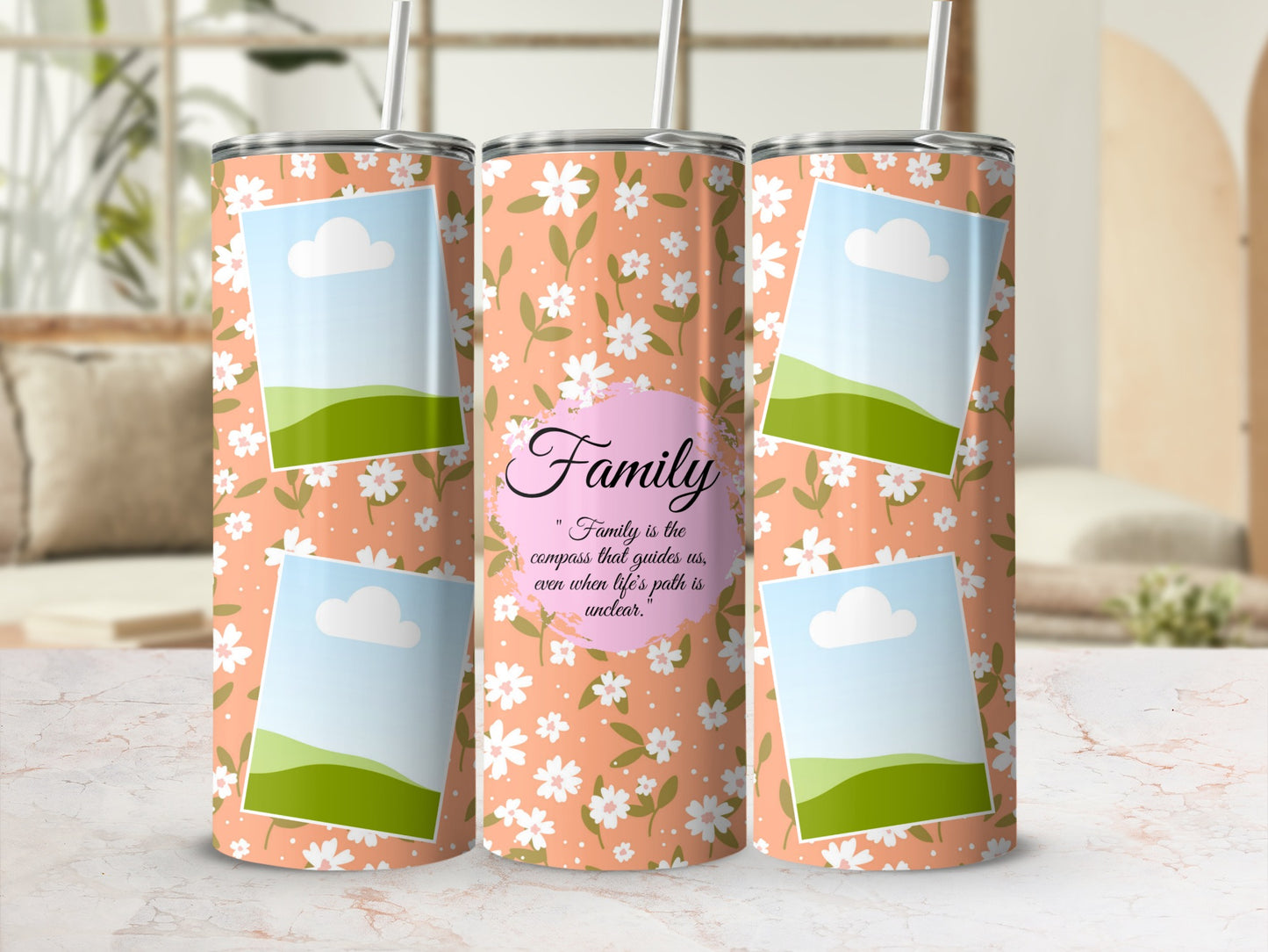 Tumbler with floral pattern, frame placeholders, and "Family" quote.