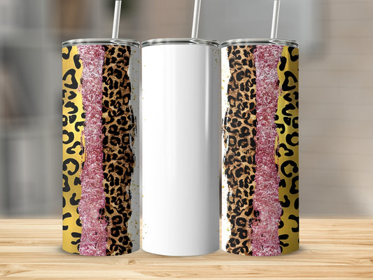 Three tall, narrow tumblers with leopard print, glitter, and gold accents.