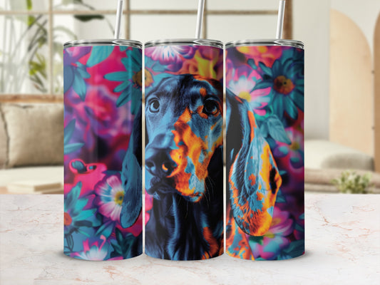 Dachshund portrait on a floral tumbler with straws.
