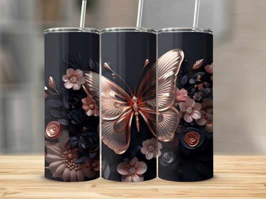 Three tall tumblers with a rose gold butterfly and dark floral design.