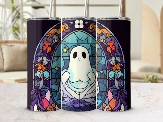 Ghost and floral stained glass design on a tumbler.