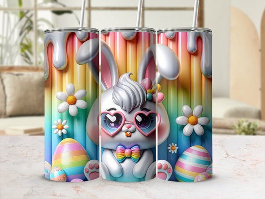 Easter bunny with colorful eggs and flowers on a rainbow background.