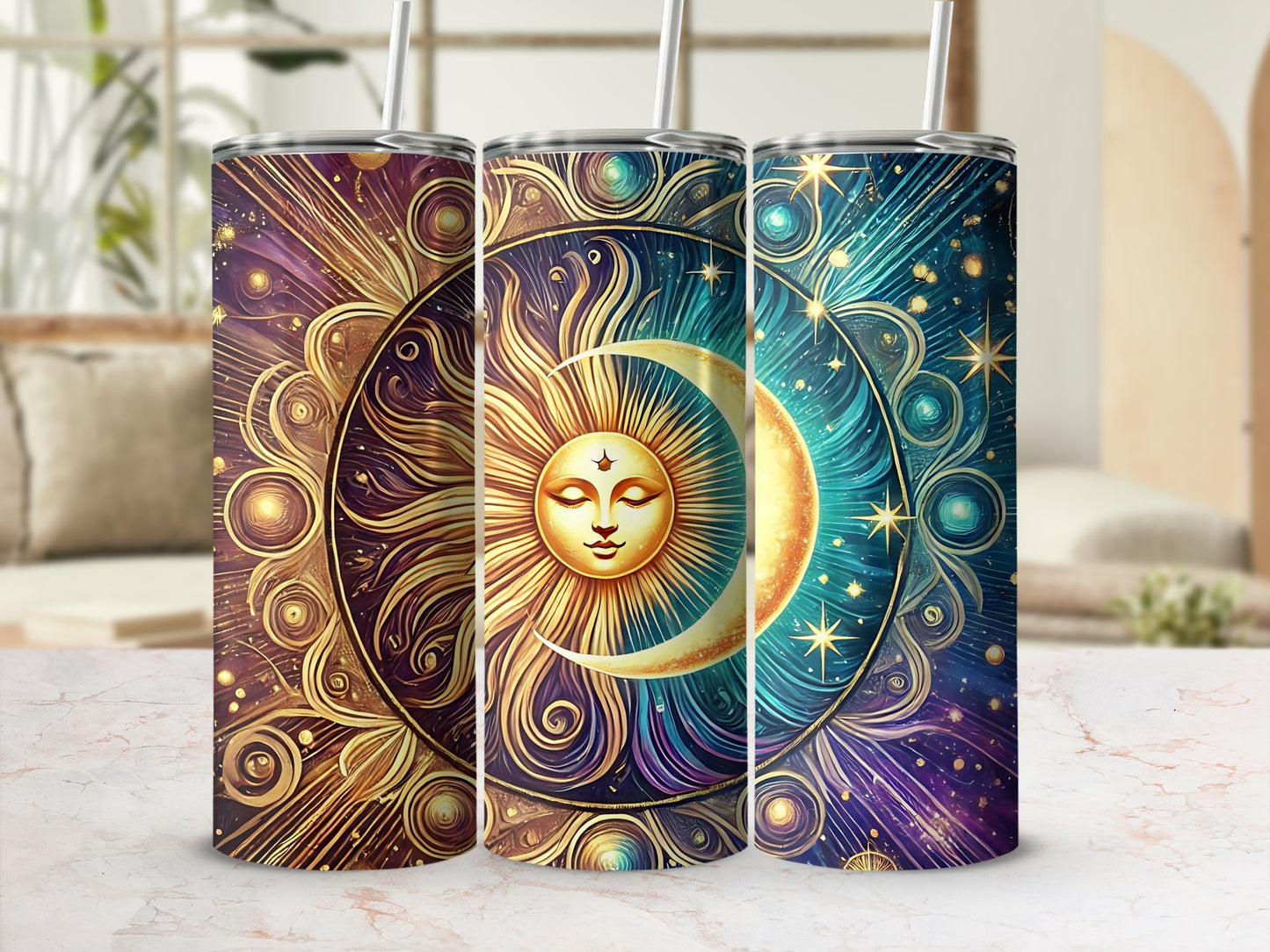 Celestial Sun and Moon Swirl Insulated Tumbler Cup