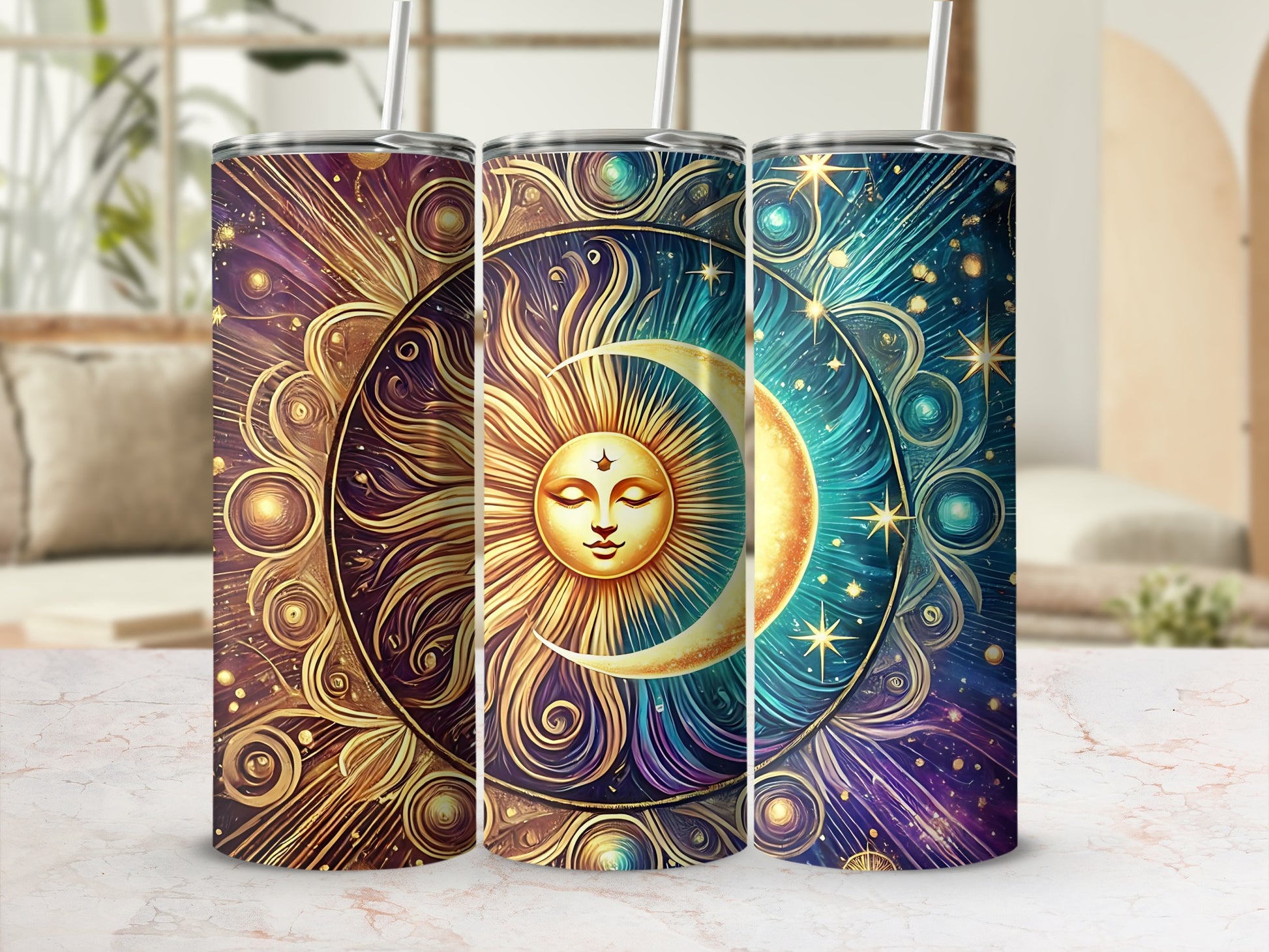 Celestial Sun and Moon Swirl Insulated Tumbler Cup