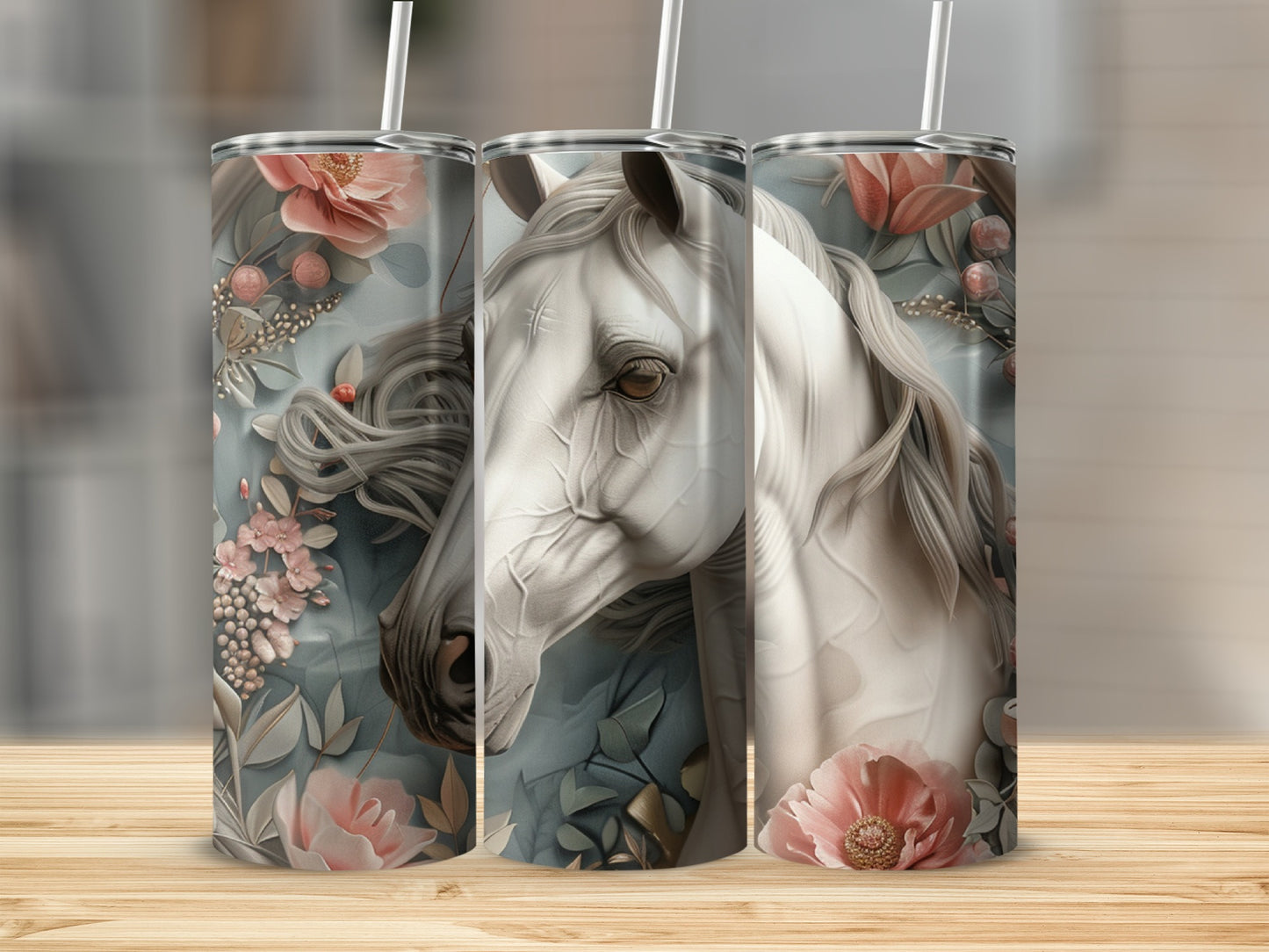 White horse head with floral accents on a patterned tumbler.