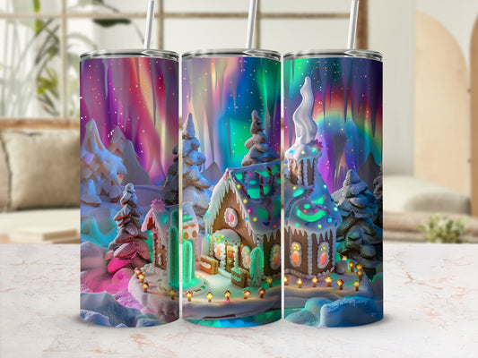 Colorful Aurora Borealis Gingerbread House Scene Tumbler