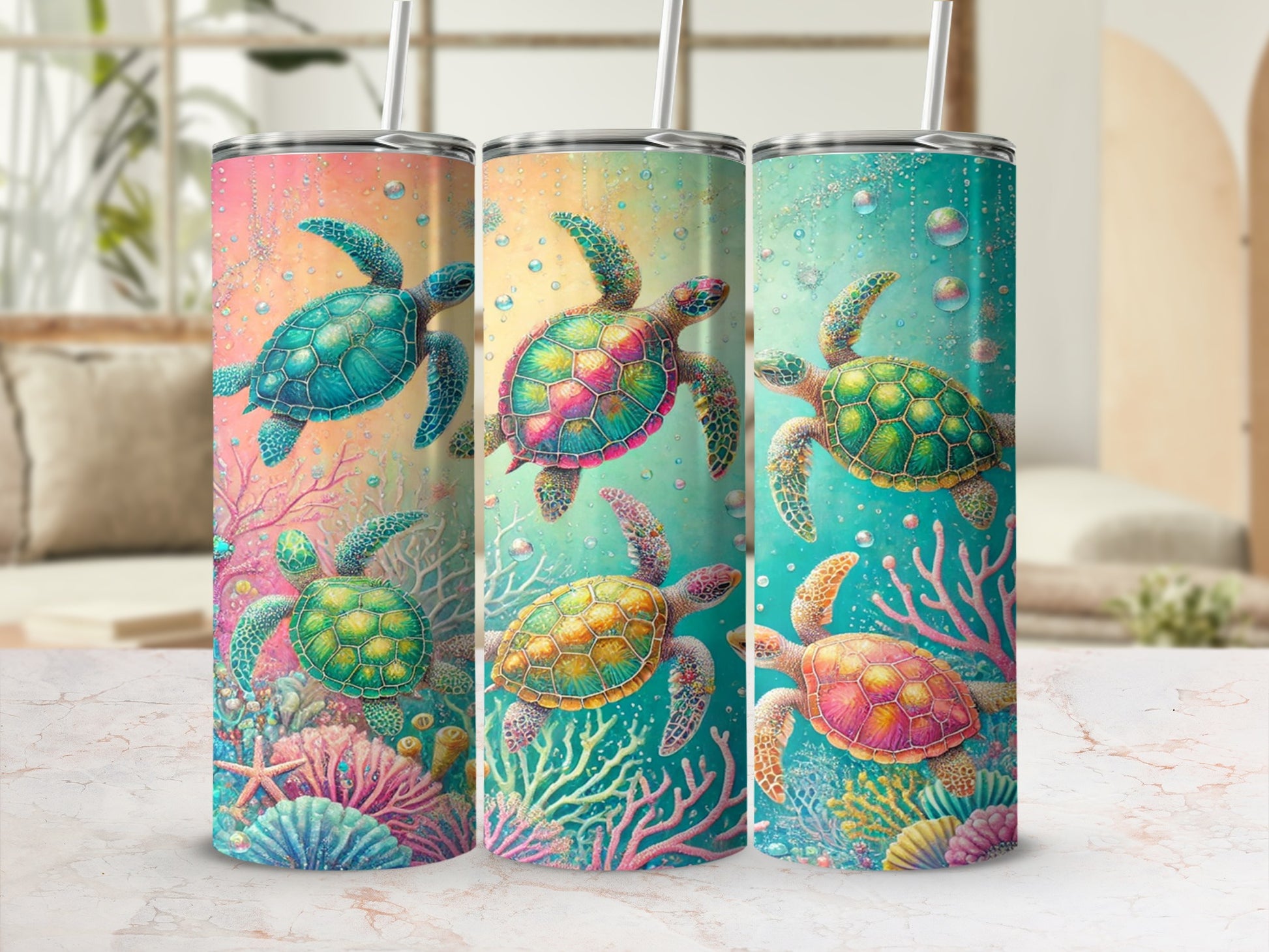 Colorful Sea Turtle Design Insulated Tumbler Cup
