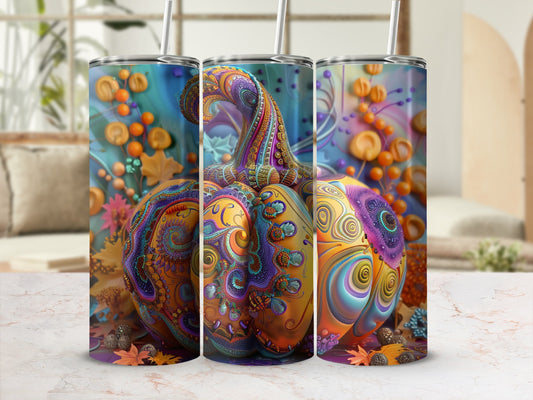 Three tumblers featuring a psychedelic pumpkin design.