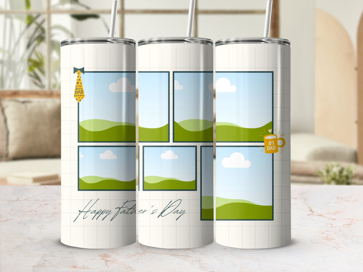Tumblers with photo frames, a tie saying "The Best Dad Ever," and "#1 Dad" mug.