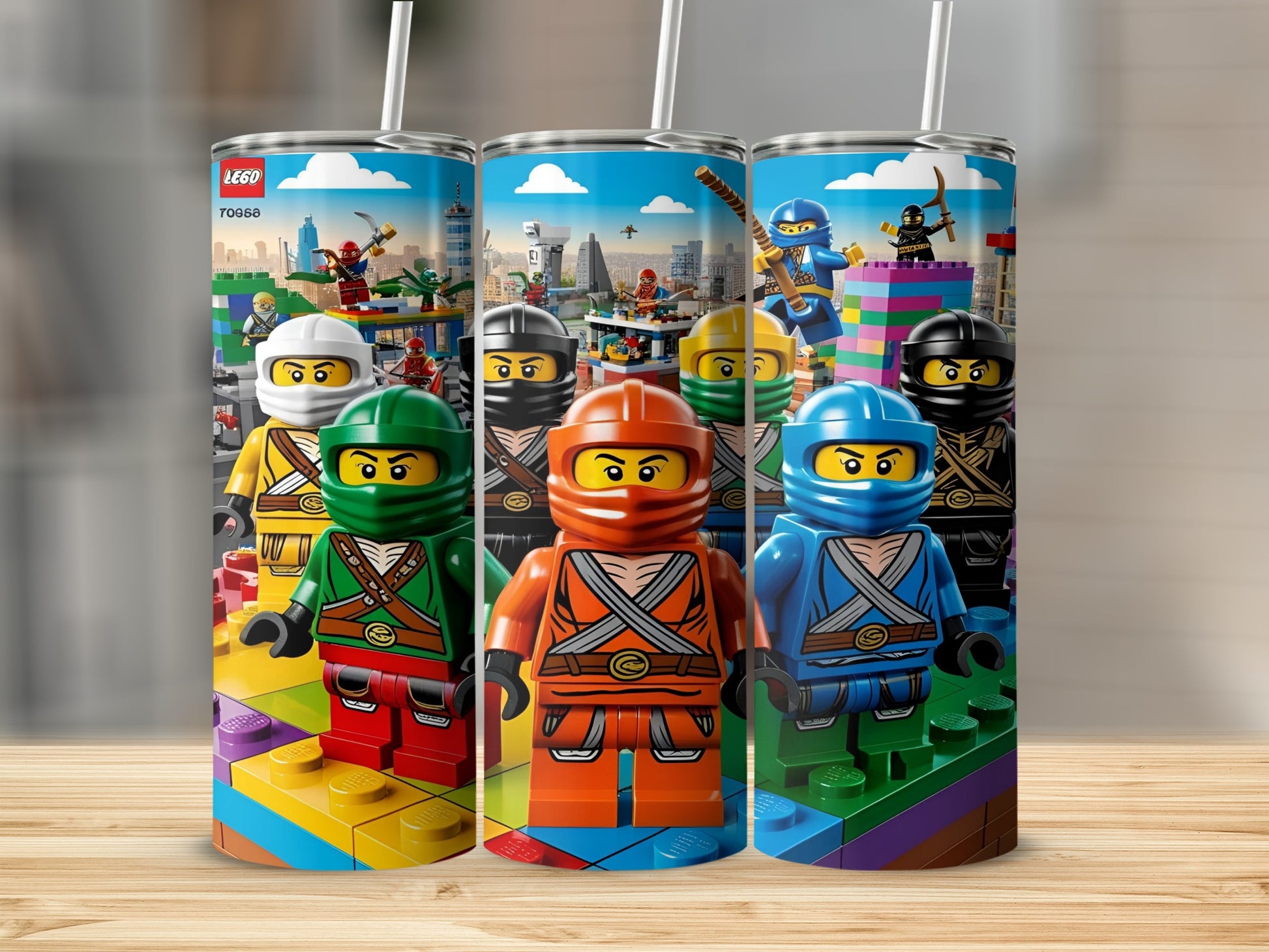 LEGO Ninjago characters in colorful ninja outfits on a building block background.