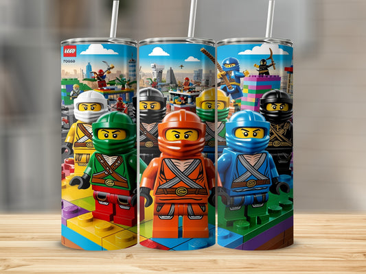 LEGO Ninjago characters in colorful ninja outfits on a building block background.