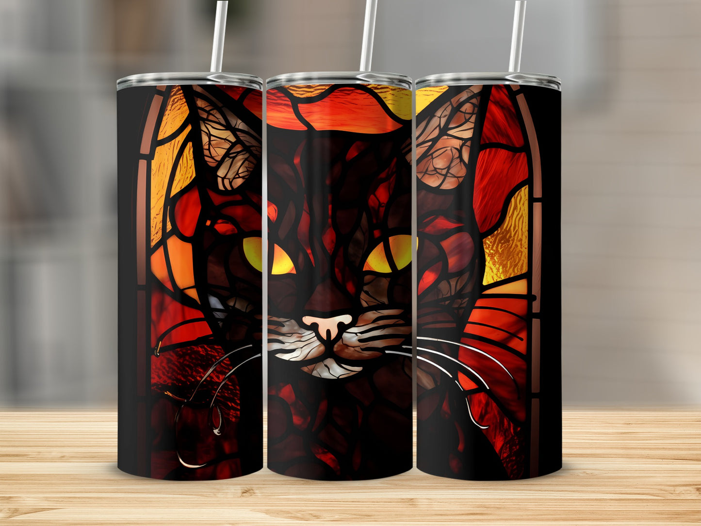 Three tumblers featuring a stained glass black cat design.