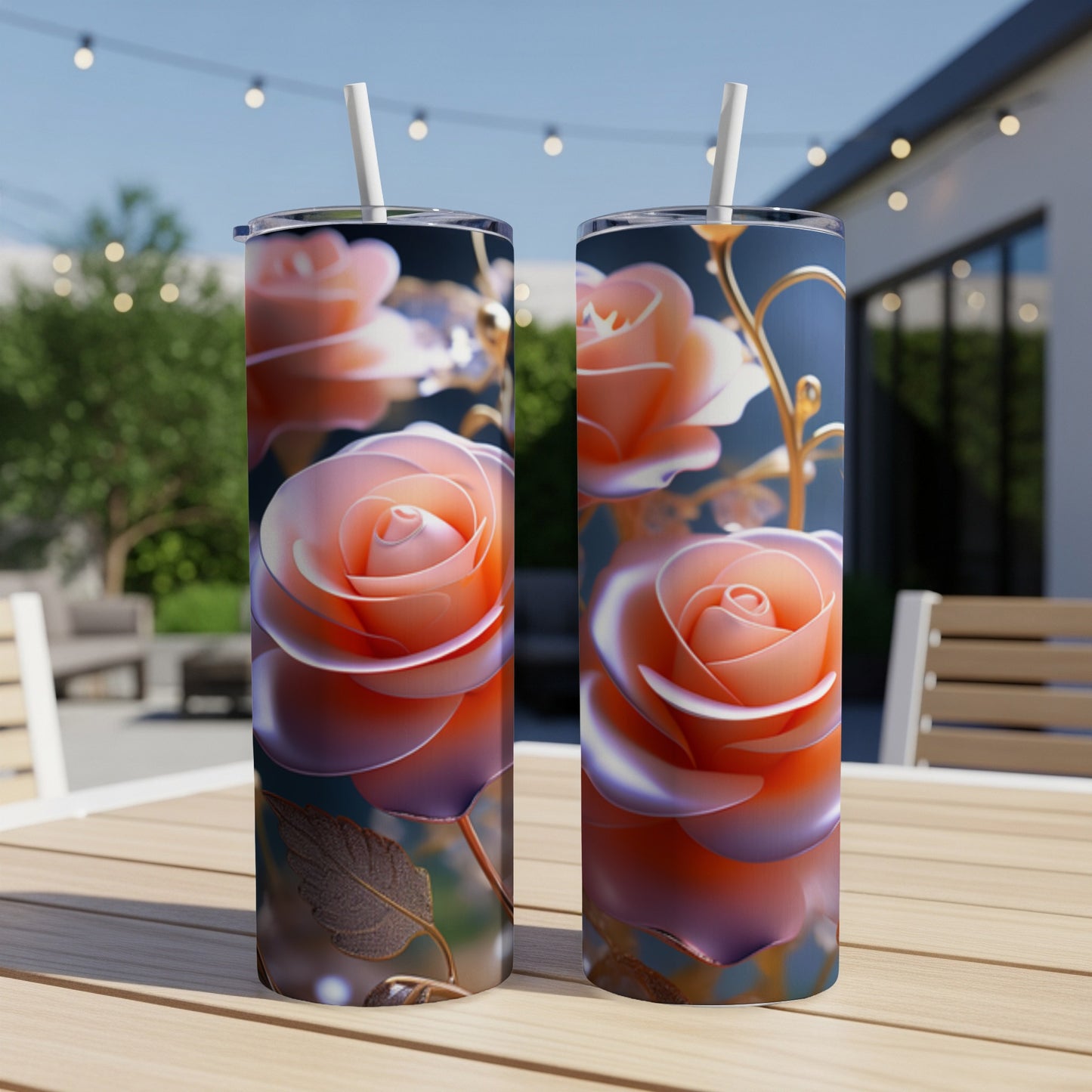 Two tall tumblers with rose graphics sit on a wooden table outdoors.