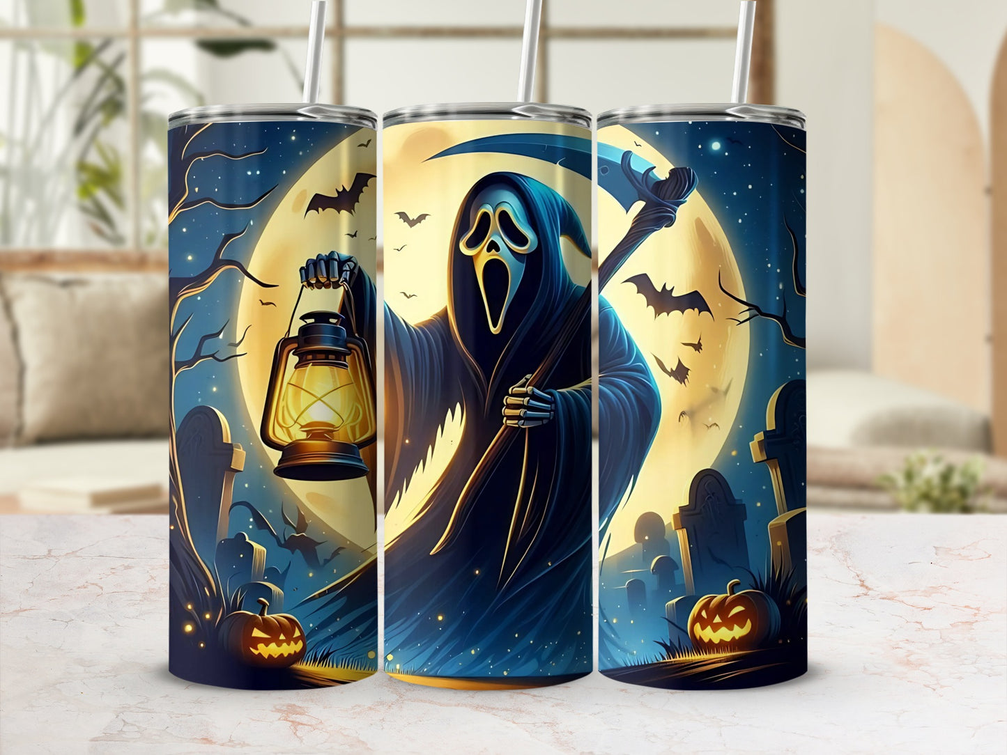 Grim Reaper illustration on three tumblers with pumpkins, bats, and a full moon.