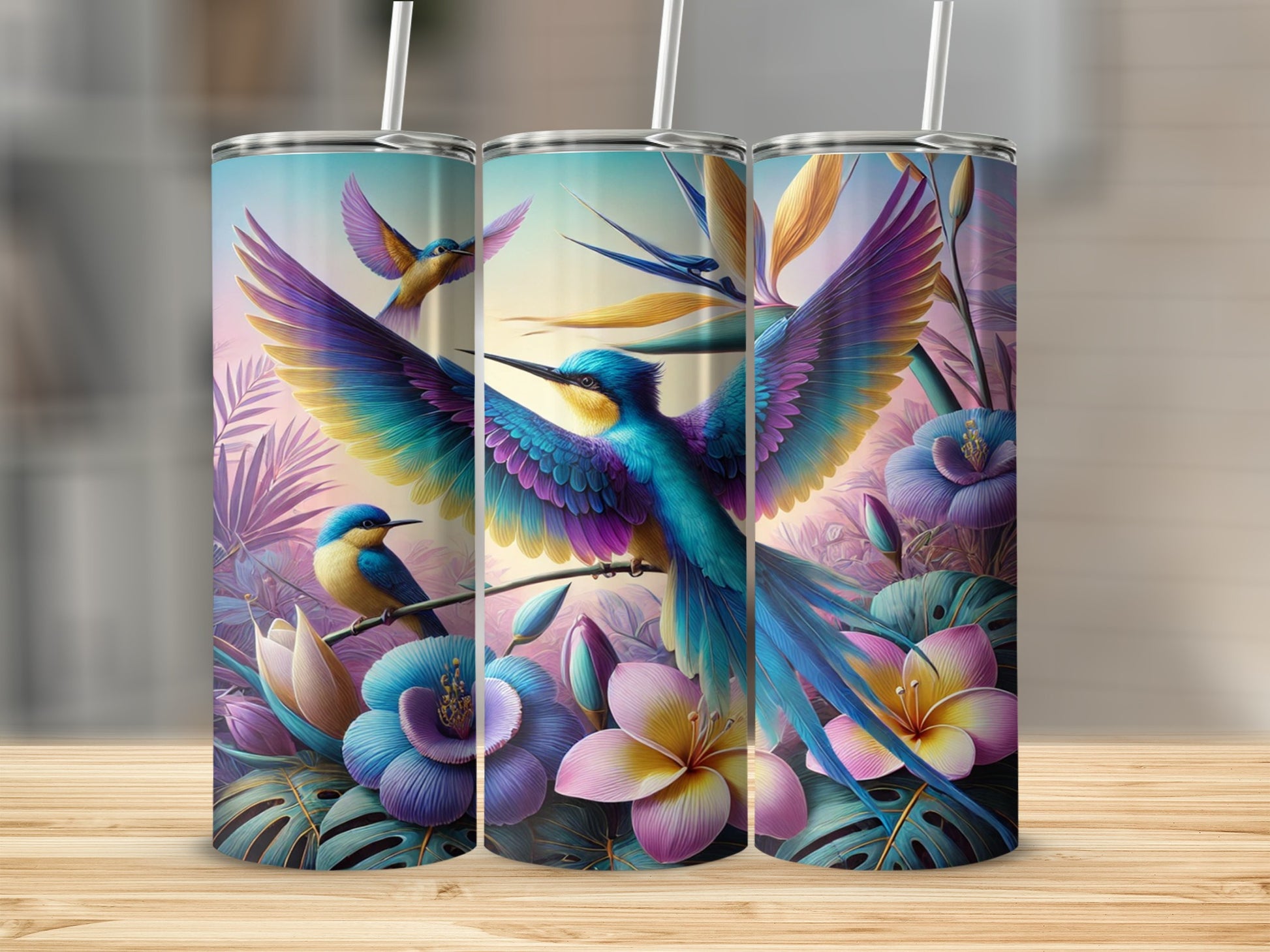 Vibrant Hummingbird and Flower Design Tumbler