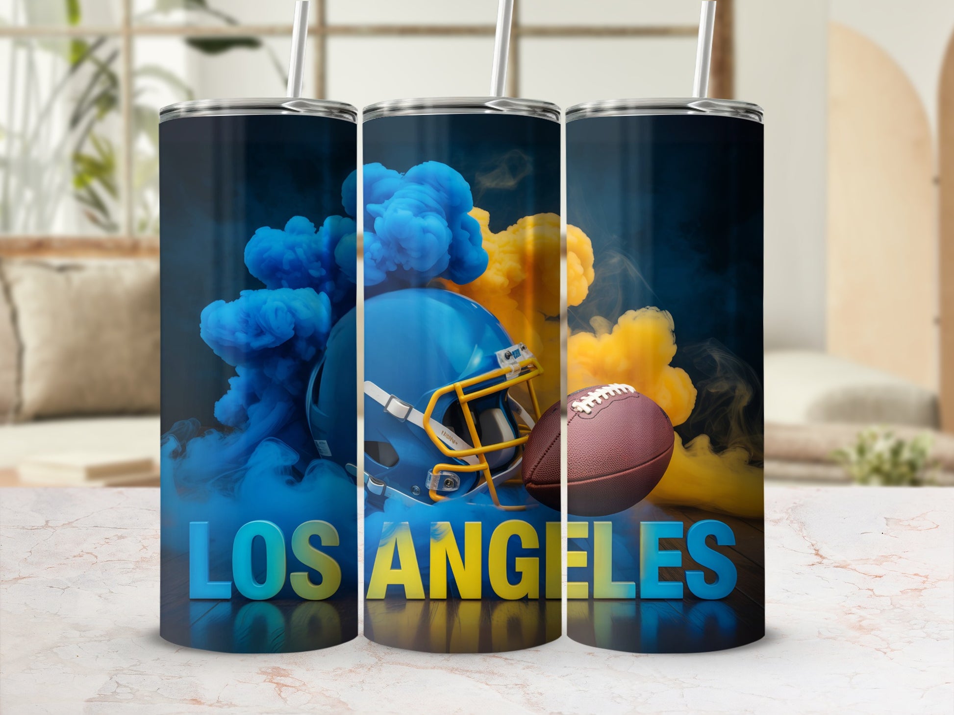 Blue and yellow smoke surrounds a football helmet and ball, with "LOS ANGELES" text.