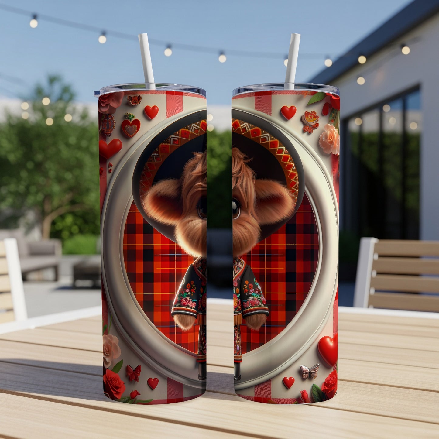 Two tumblers with a cute cartoon cow in a sombrero and floral jacket.