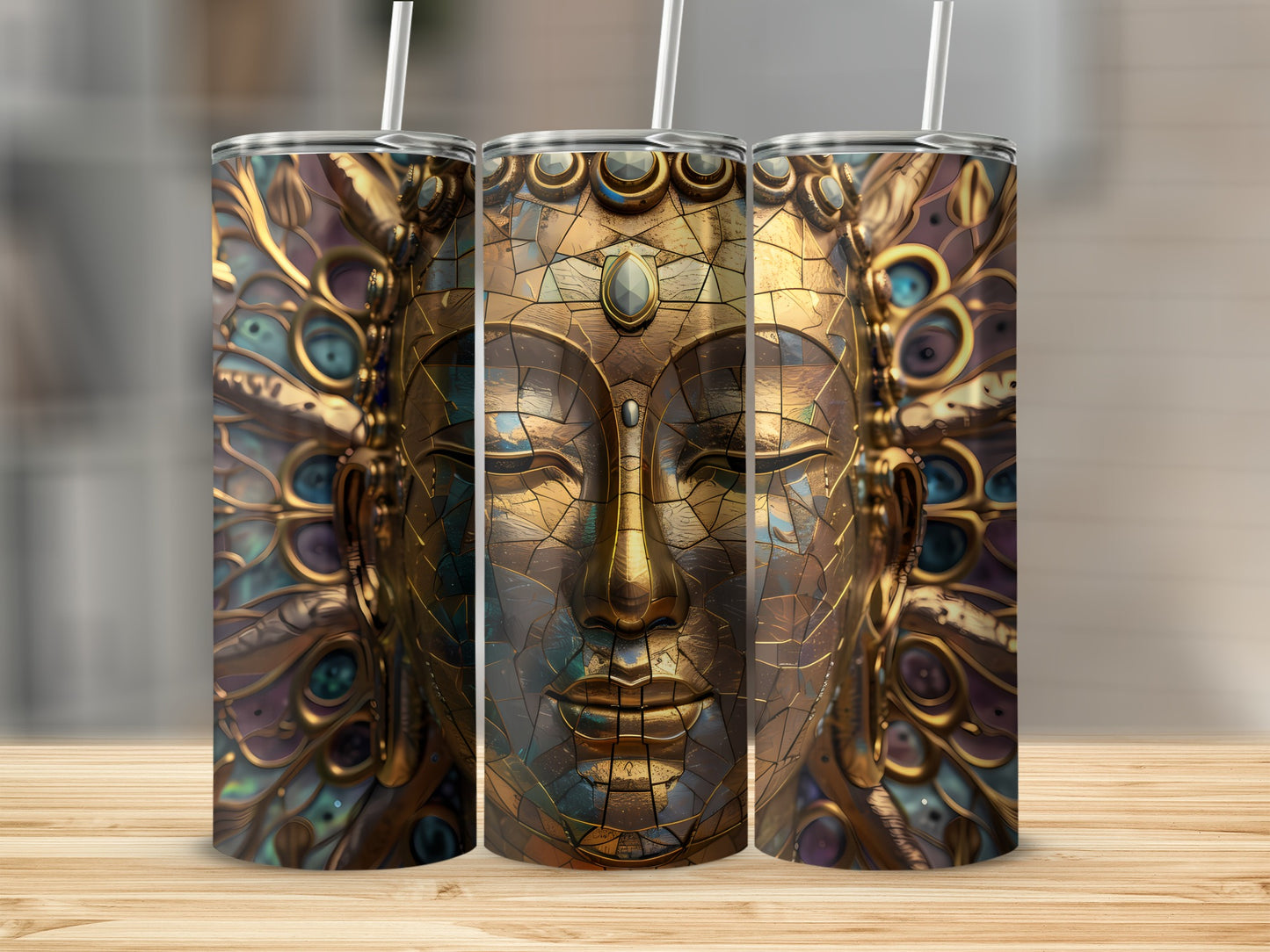 Triptych of golden Buddha face tumblers with intricate mosaic details.