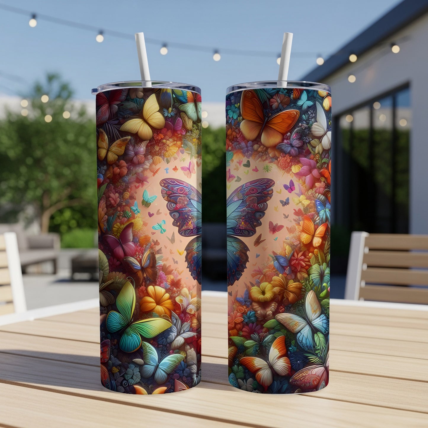 Two tall tumblers with colorful butterfly and floral designs.