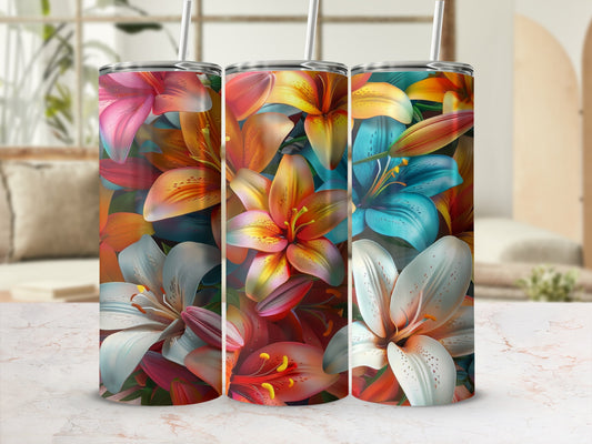 Floral tumbler with lilies and sunflowers.
