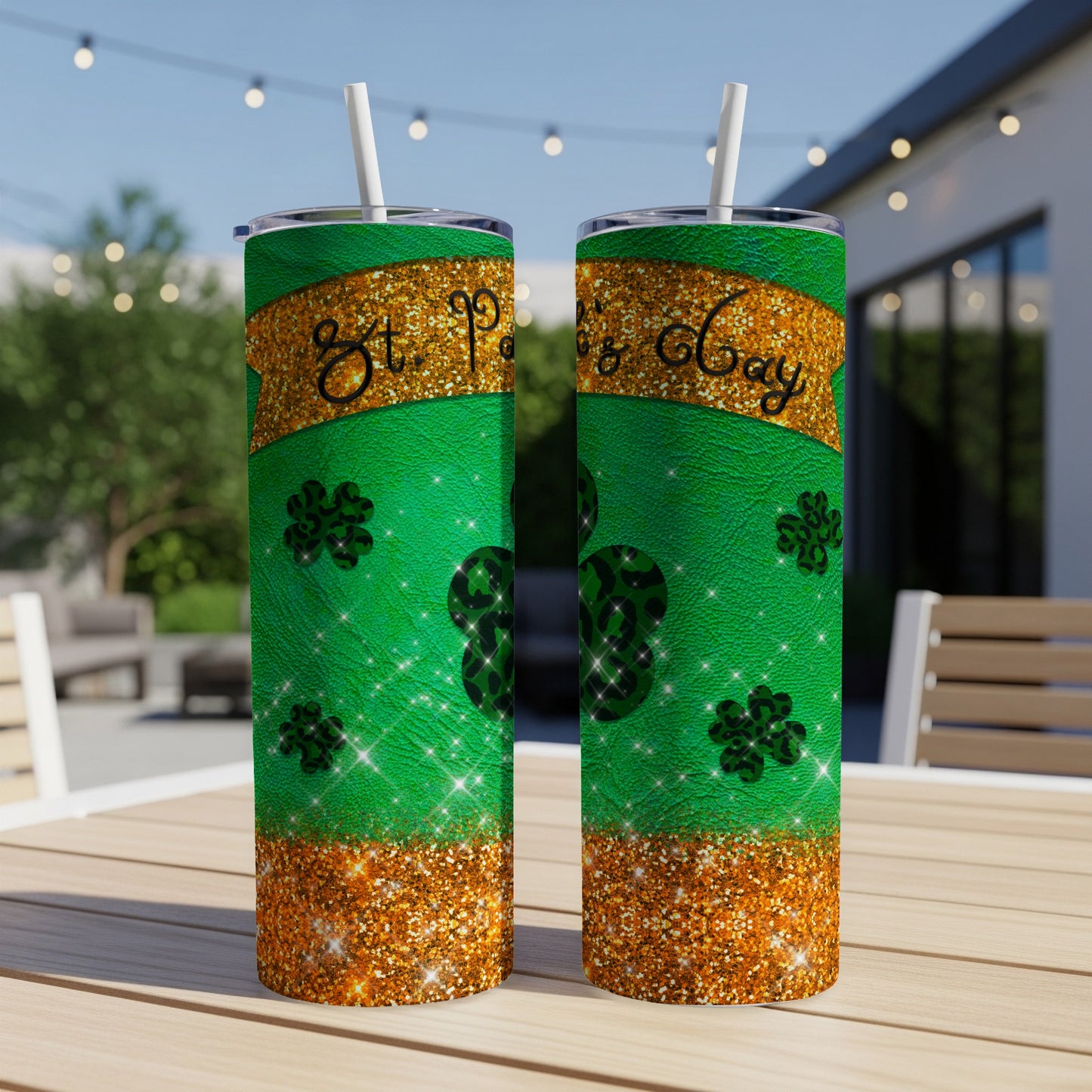 Two green tumblers with "St. Patrick's Day" text and shamrock pattern.