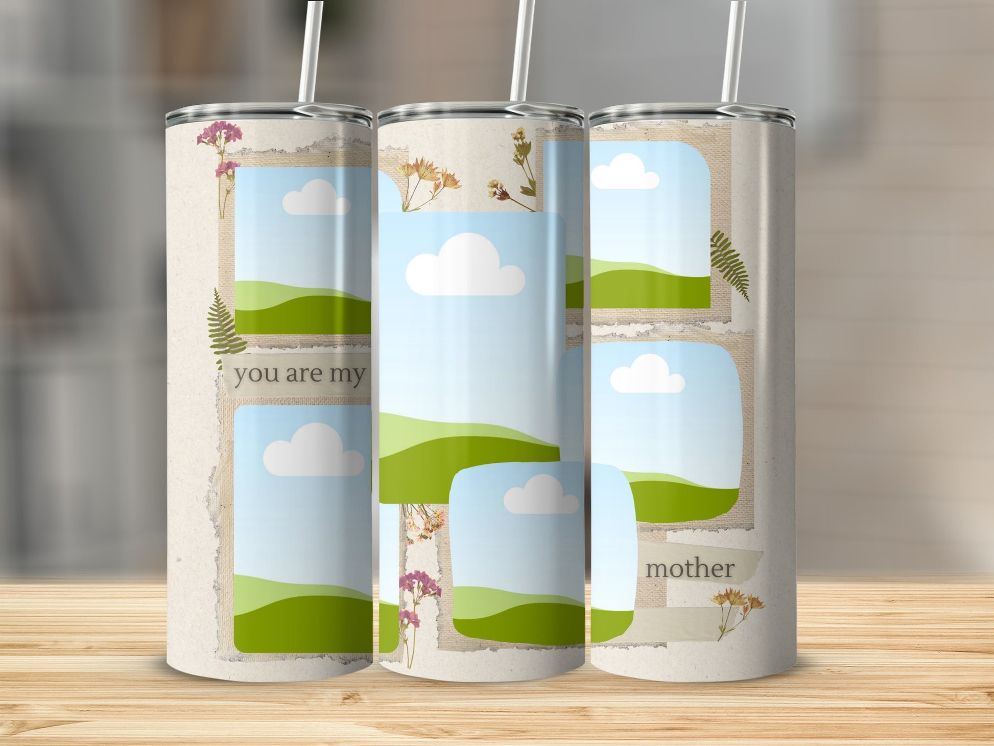 Three tumblers with "you are my mother" text and floral accents.