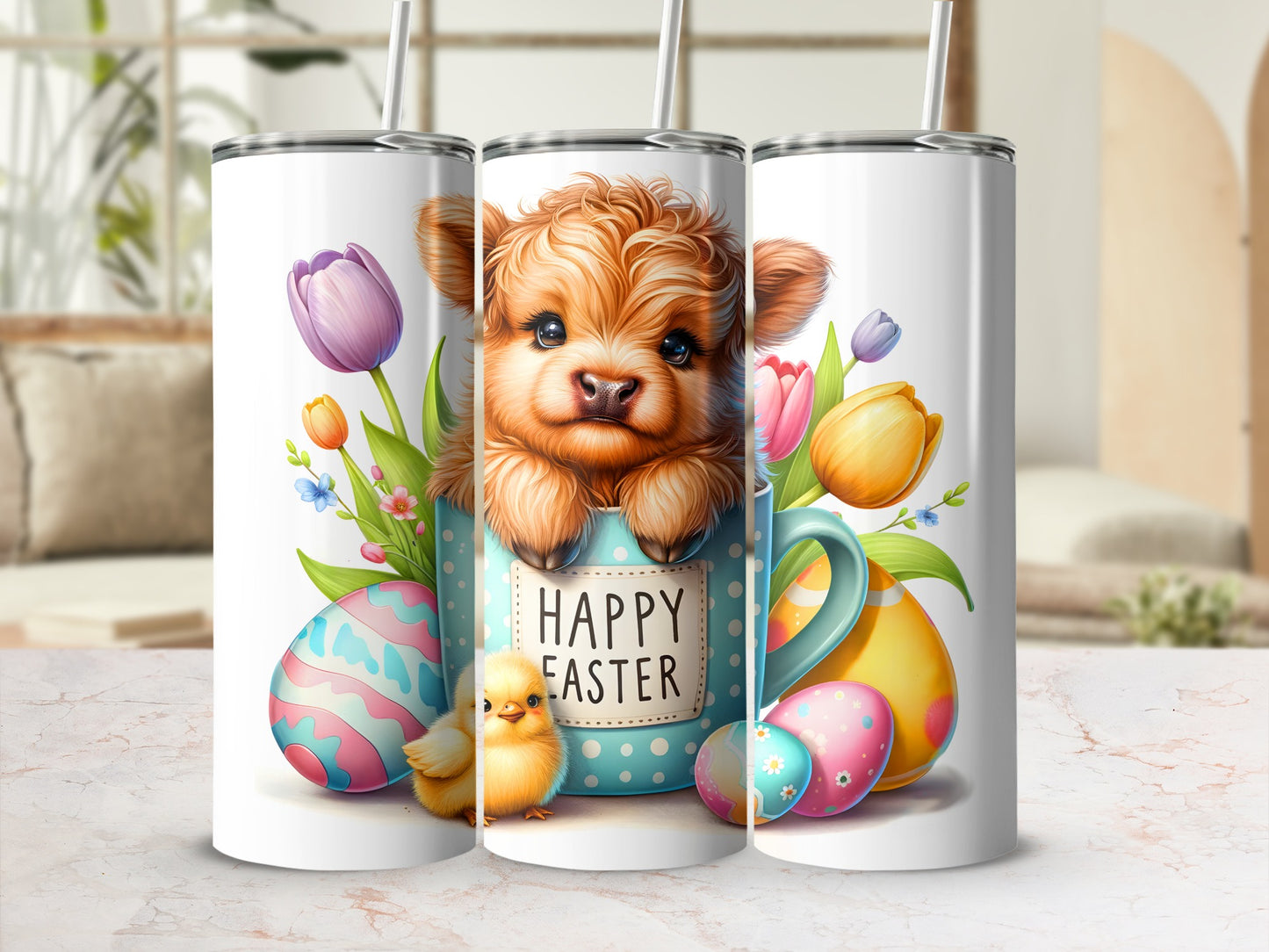 Cute baby cow in a mug with Easter eggs and chick, "Happy Easter" text.