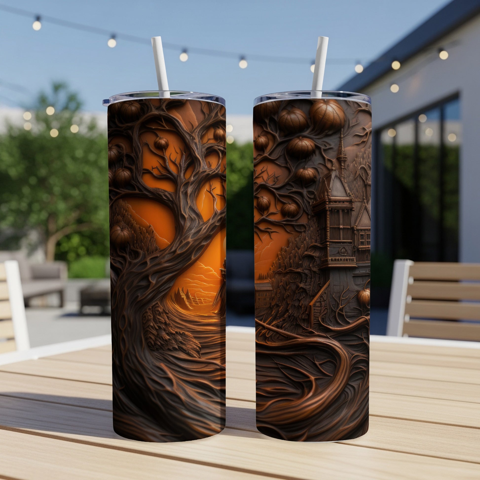 Two tumblers with embossed Halloween tree and haunted house designs.