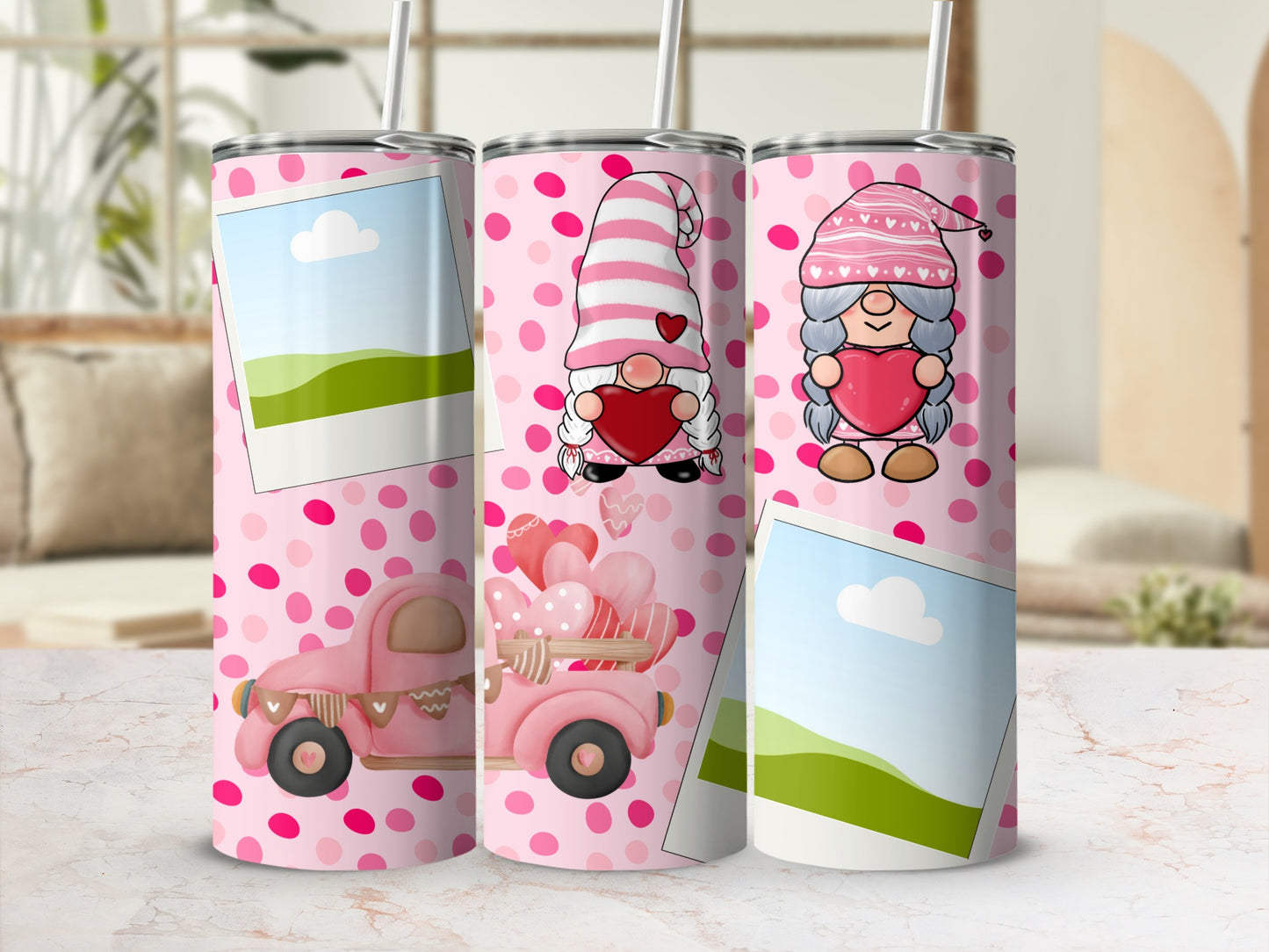 Valentine's Day themed tumblers with gnomes, hearts, and a pink truck.