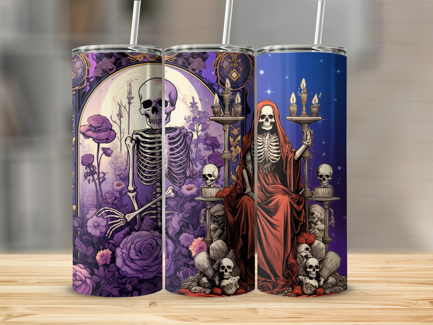 Gothic Skeleton Themed Tumblers with Dark Fantasy Art